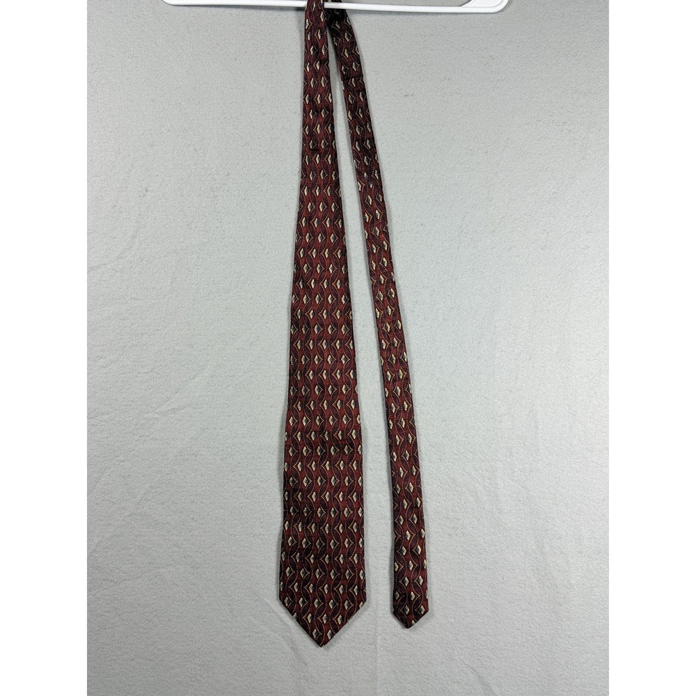 Harold Powell Silk Necktie OS Burgundy Gold Blue Geometric Diamond Mens Tie